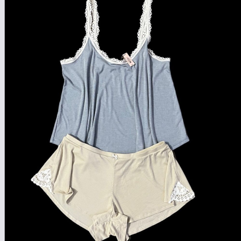 Victorias Secret Ultra Soft Ribbed Cami Tank & shorts pajama set blue champagne